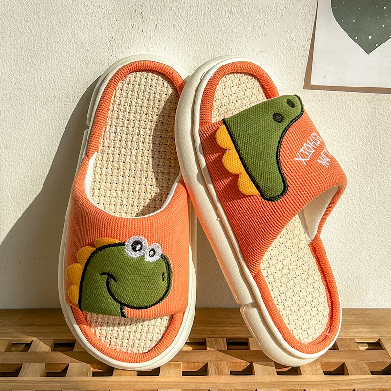 Casual Platform Slippers Women Home Cotton Hemp Cute Cartoon Dinosaur Designer Shoes Girls Flats Fashion Slipper Ladies Open Toe 4