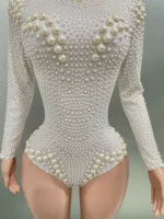 Women Sexy White Pearl Long Sleeved  Elastic Tight Fitting Jumpsuit Club Party Dress DJ Female Singer Stage Performance Dress - Image 6