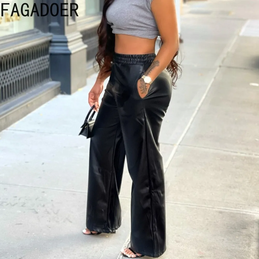 FAGADOER Fashion PU Leather Wide Leg Pants Women High Waisted Elasticity Trousers Casual Female Solid Color Pocket Bottoms 2023
