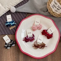 Kids Hair Barrettes 2PCS Velvet Bow Clips with Heart Buttons Korean Non-Slip Gentle Grips for Girls Hair Ties