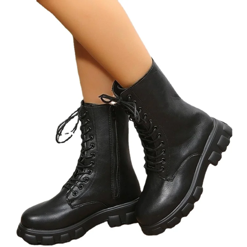 Pu Leather Combat Ankle Boots Women 2022 Autumn Winter Gothic Platform Shoes Ladies Black Lace Up Short Motorcycle Boots Girls