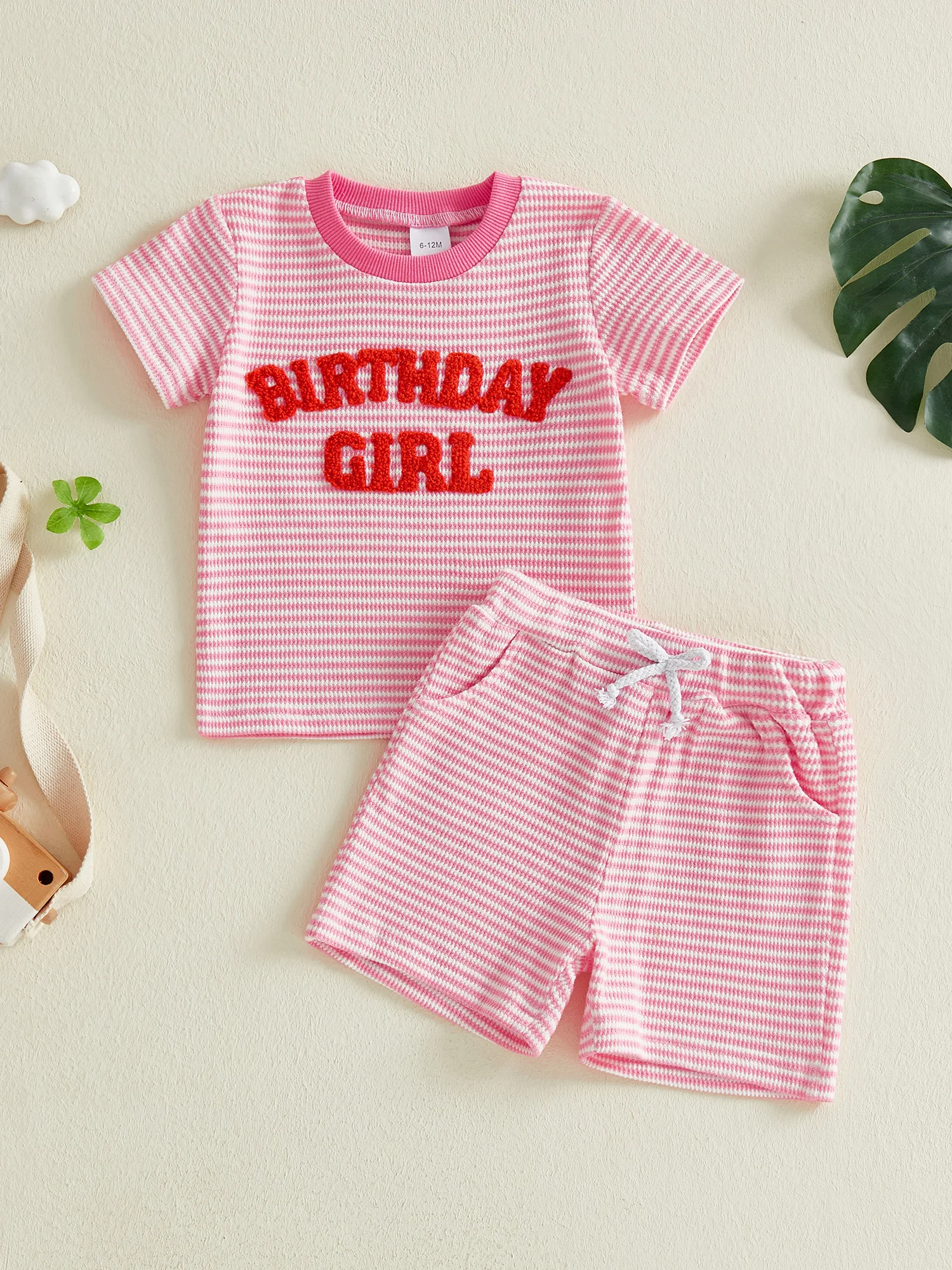 Stylish Girls Birthday Outfit Trendy Letter Embroidered Short Sleeve Top and Striped Shorts Set with Round Neck Design
