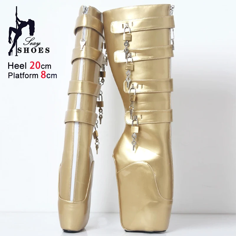 Size 46 Ballet Boots Women 20CM Super High Hoof Heelless Platform Shoes Sexy Wedge Heel Lockable Fetish Knee High SM Slave Boots