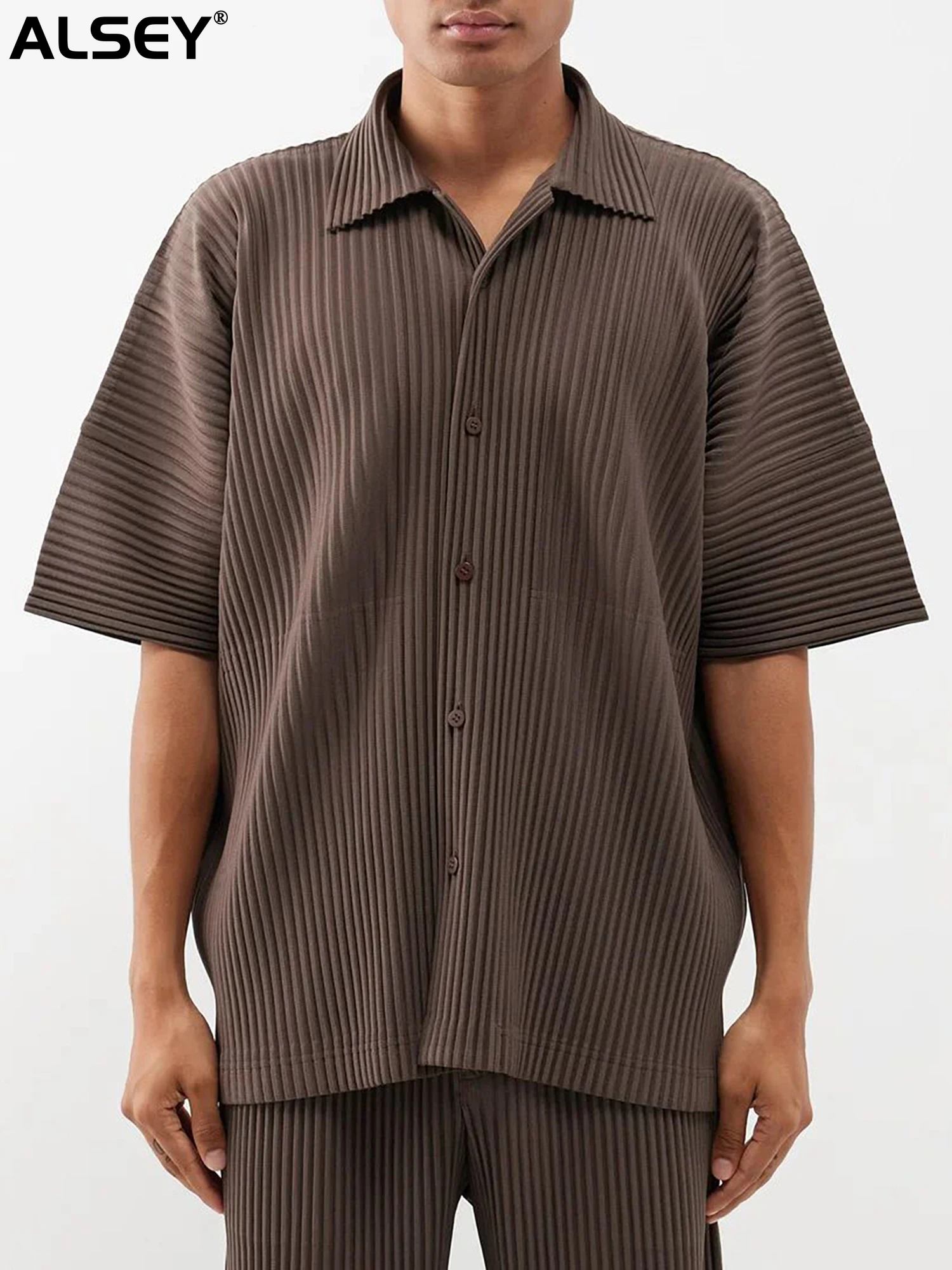 

ALSEY Miyake Harajuku Style Men's Fashion Casual Office Lady Shirt Lapel Cardigan Single-breasted Tops T-shirt Spring Summer New