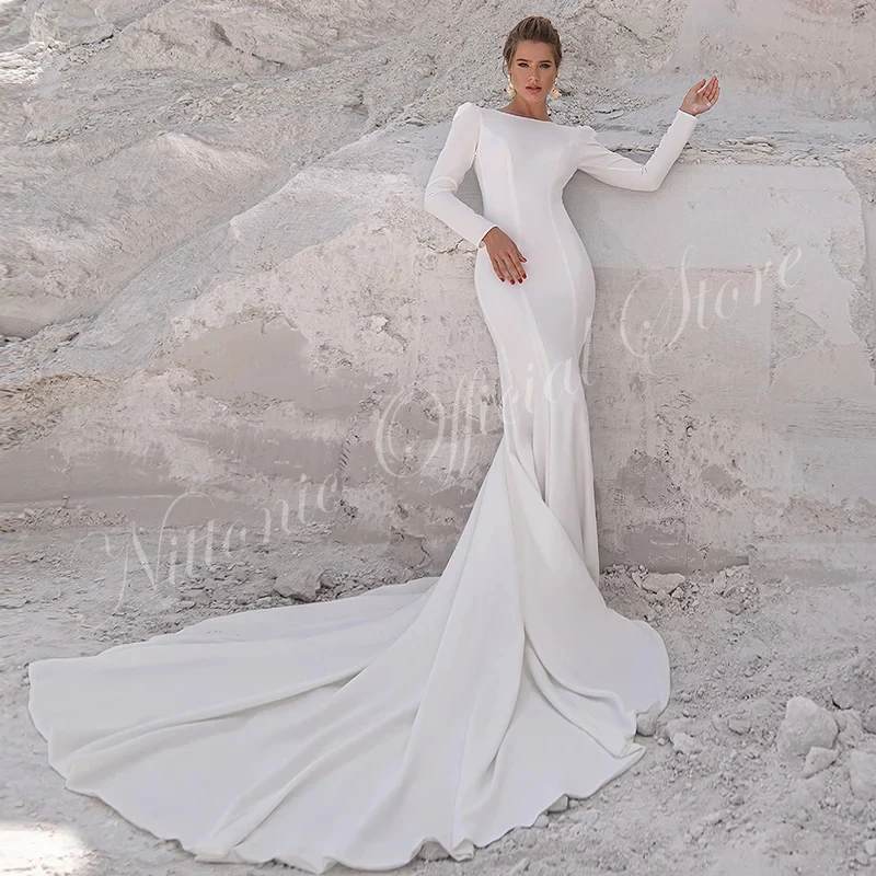 

Simple Wedding Dresses for Bride Women Ivory Boat V-Neck Long Sleeve Backless Floor-Length Party Prom Evening Formal 2023 New