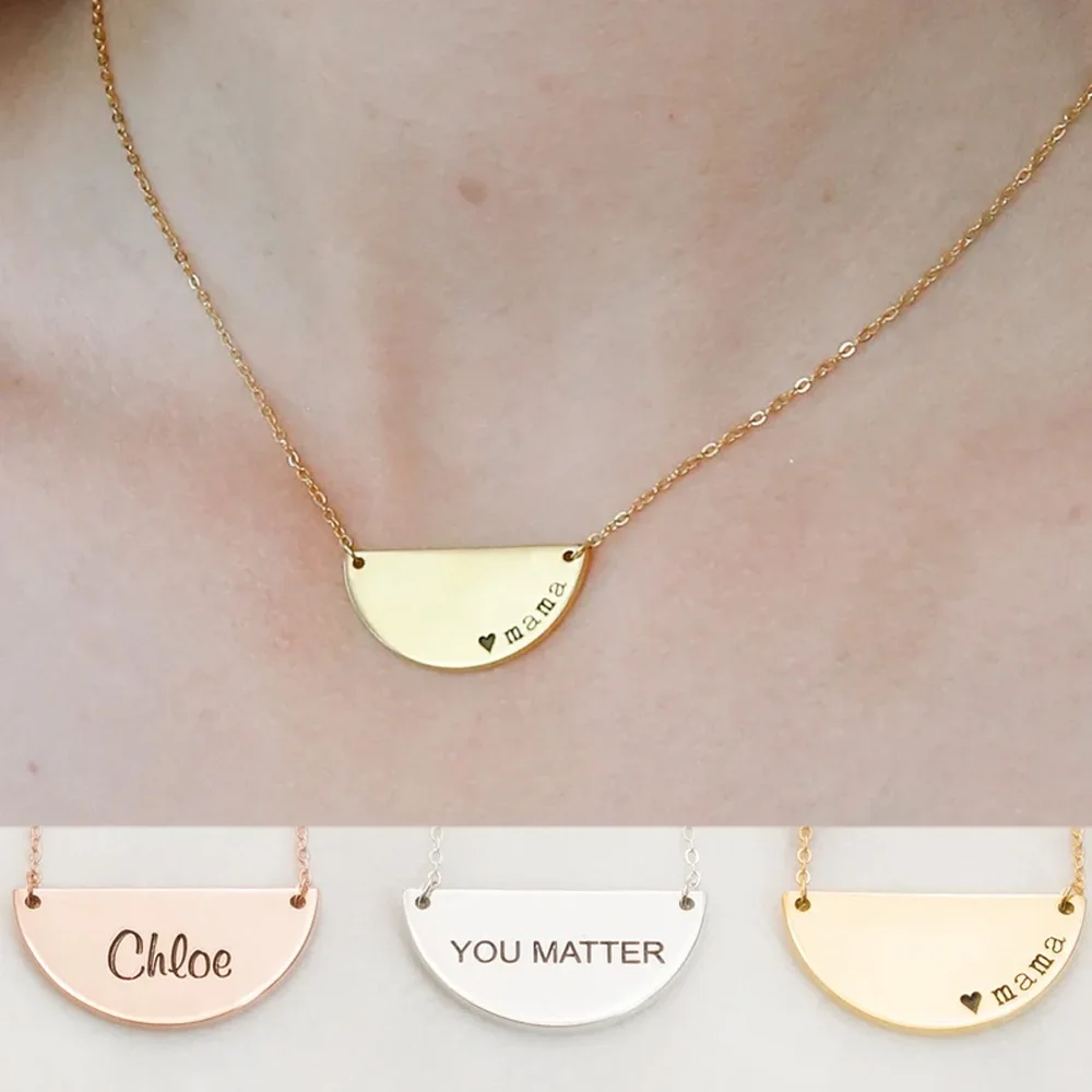 Mini-World Customized Engraved Name Semicircle Pendant Necklace Charm Stainless Steel Personalized Jewelry Christmas Present