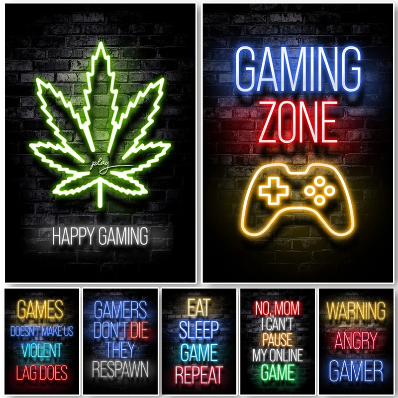 Neon Gaming Gamer Wall Art Posters Prints Gamer Canvas Painting Canvas