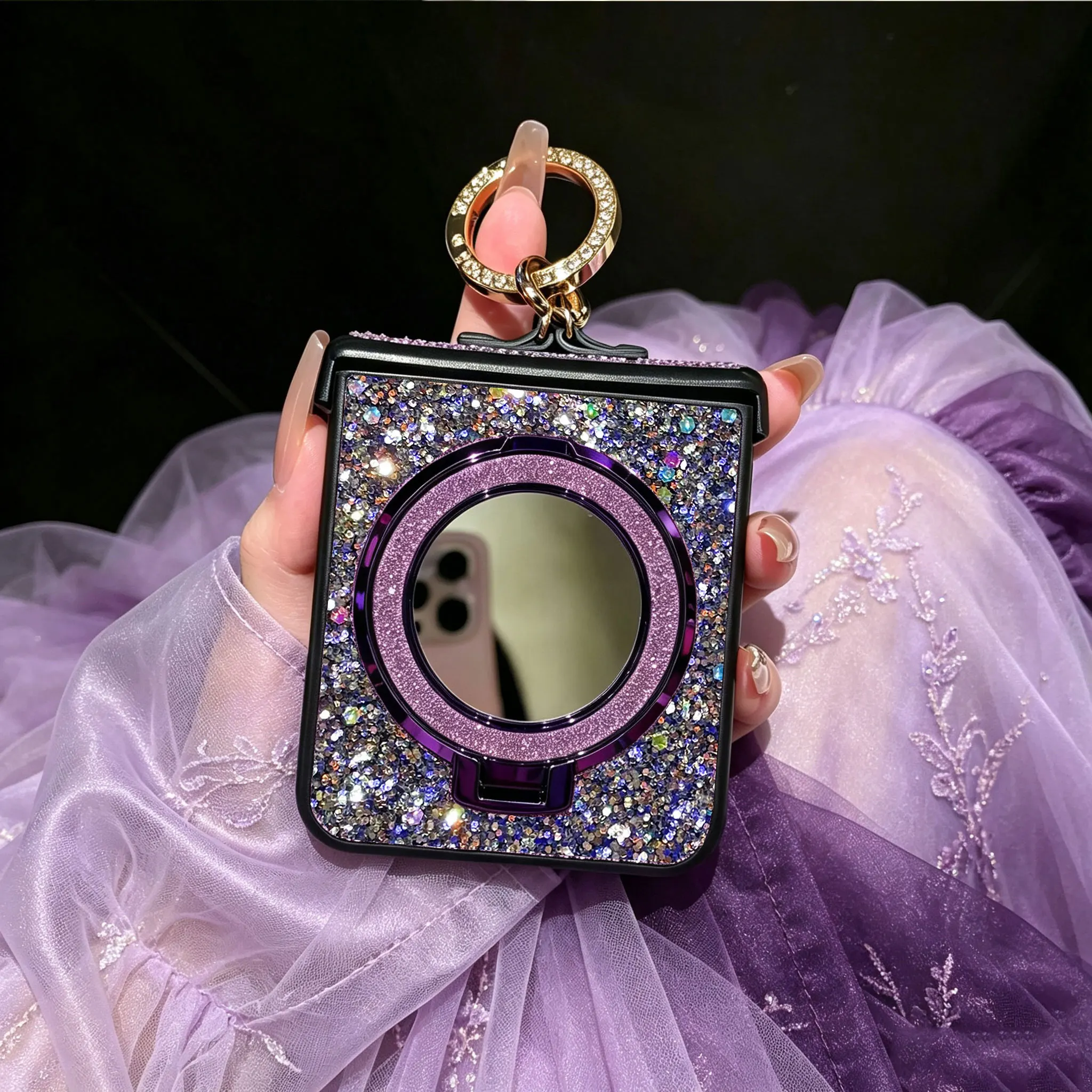 Korean Style Shiny Magnetic Mirror Phone Case with Faux Diamond Ring Buckle