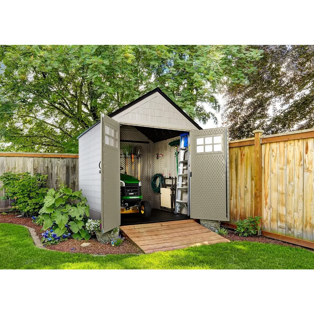 

Resin Outdoor Storage Shed with Floor (7 X 7 Ft), Weather Resistant, Organization for Garden Tools/Lawn Mower/Bike Storage