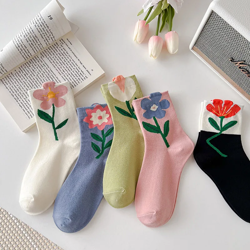 

5 Pairs Women New Cotton Cute Flower Socks Japanese Korean Style Candy Color Breathable Casual Mid Tube Socks Kawaii Short Socks