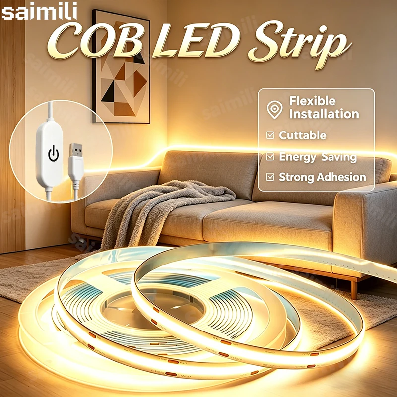 LED COB 라이트 스트립 터치 디머 플렉시블 다이오드 테이프 5V USB 리니어 실내 조명 램프 룸 DIY TV 거울 백라이트 벽 장식