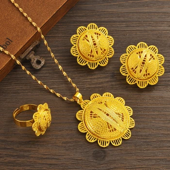 24K Gold Plated Fashion Ethiopian Earrings/Pendant/Ring Jewelry Sets Gold Plate Africa Bride Wedding Eritrea Set Gift 2