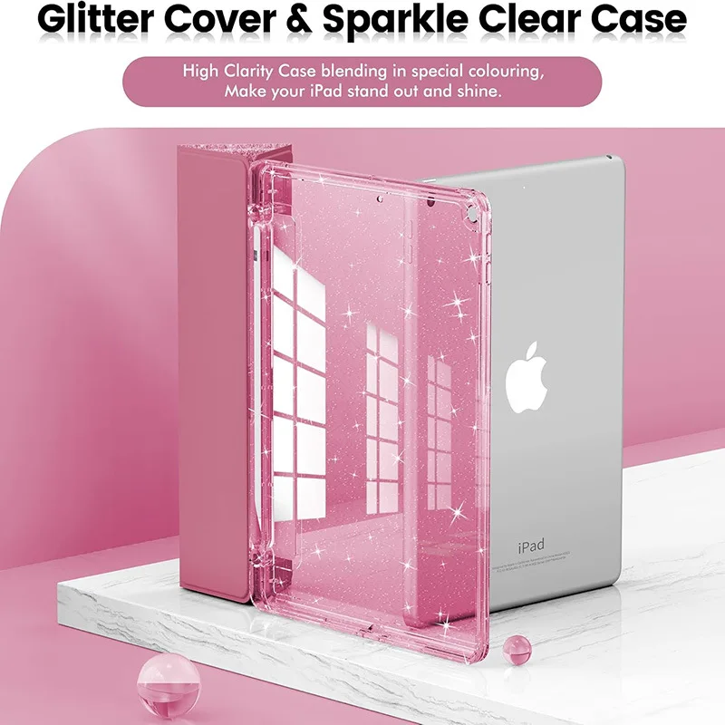 Glittering Sparkly Tablet Case with Pencil Holder and Auto Sleep Feature
