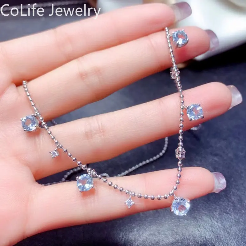

Total 2.5ct Natural Topaz Necklace for Daliy Waer VVS Light Blue Topaz 925 Silver Necklace with 3 Layers Gold Plating No Fading