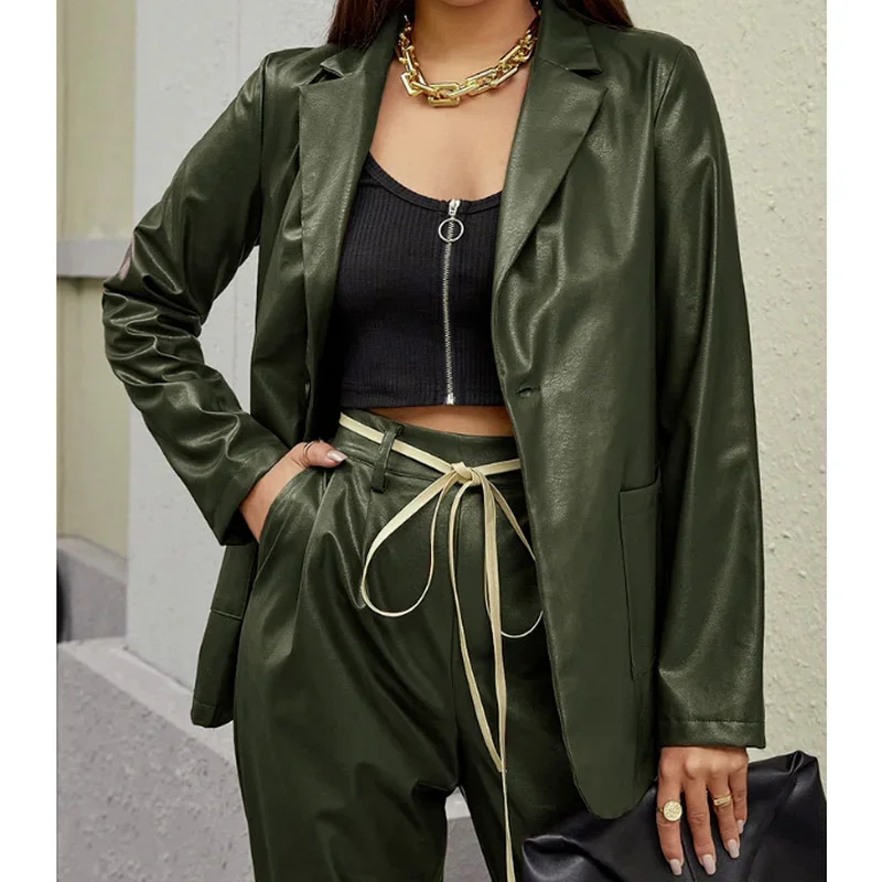Temperament Man-made PU Leather Suit Jacket Loose Casual Notched Collar Long-sleeved Women's Suit Jacket Streetwear Coats New fashion vintage suit jacket 3 4 sleeved small suit mid length casual blazer loose temperament lady jacket plus size