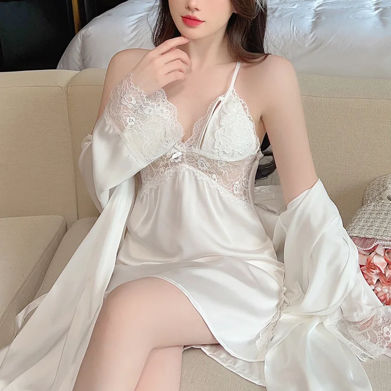 

Женский комплект из двух предметов, Сексуальная кружевная ночная рубашка на бретельках, свадебная Ночная сорочка подружки невесты, повседневная домашняя одежда