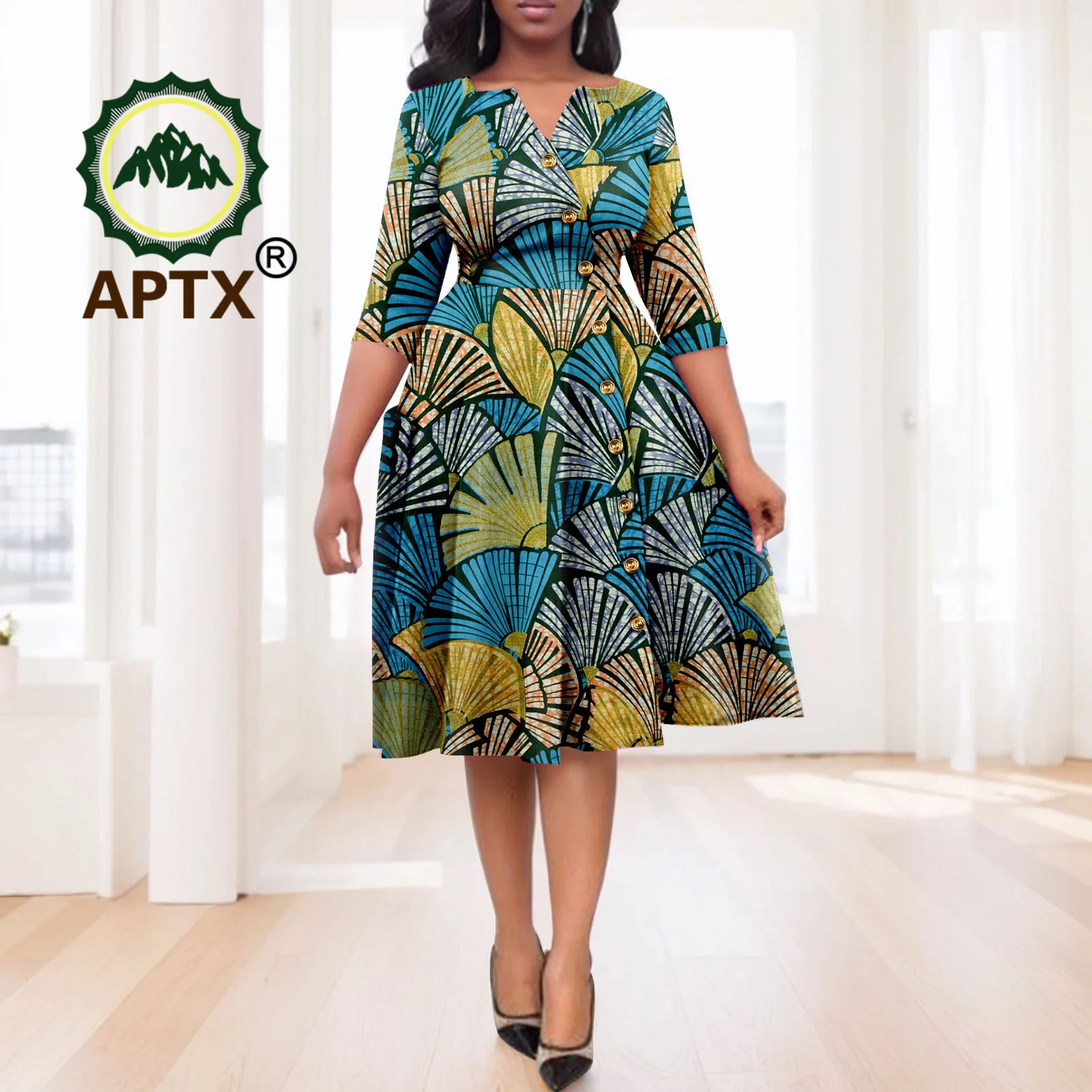 African Print Women's Dresses Ankara V-Neck Short Sleeve Knee