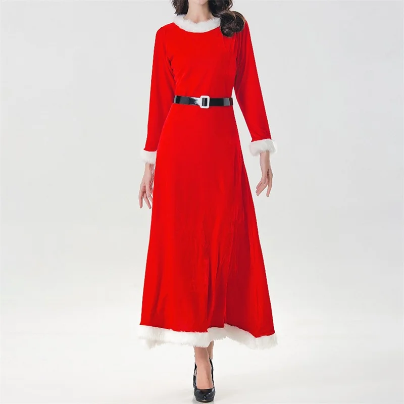 Women Christmas Costume Mrs Claus Cosplay Dress Velvet Trim Patchwork Long Dress Party Costume with Belt Santa Hat and Gloves