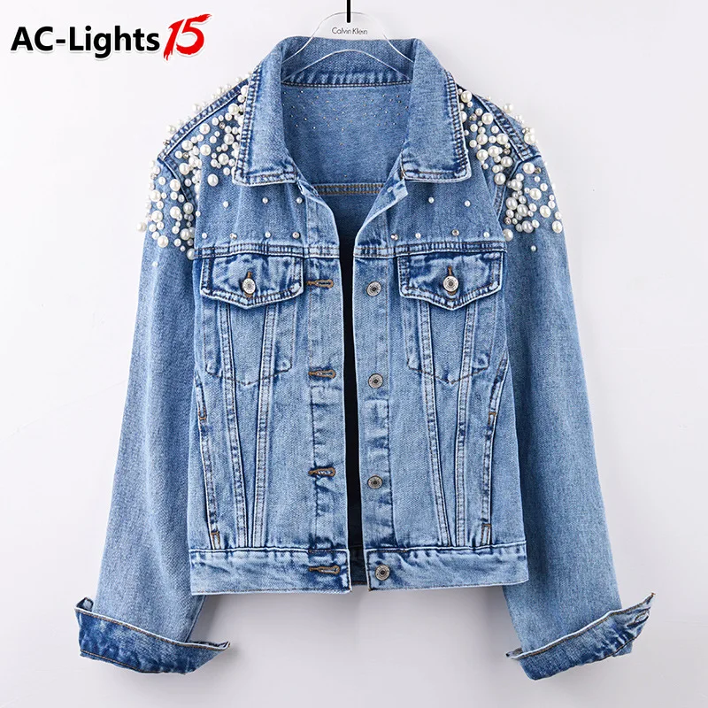 2022 Women Pearl Beading Short Denim 