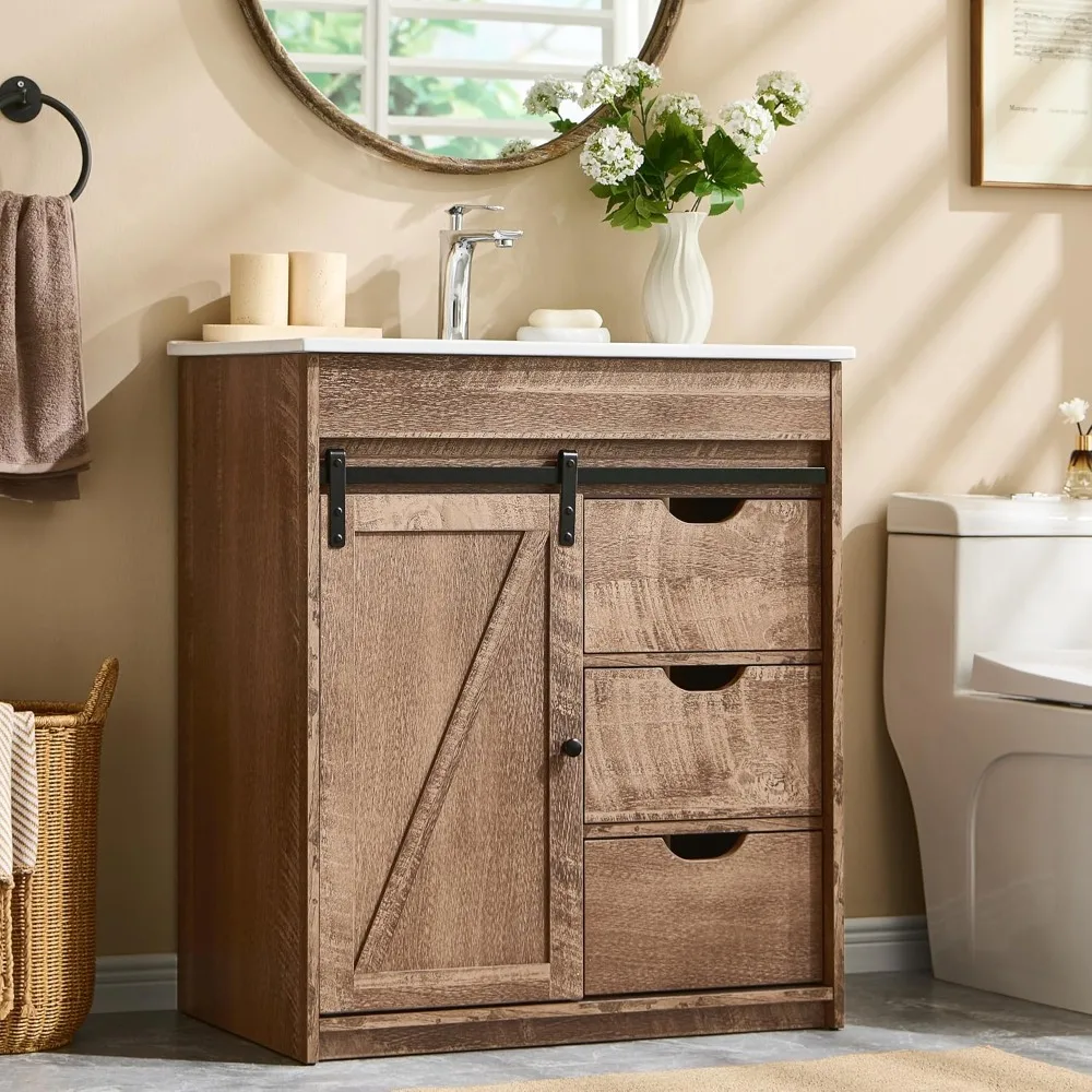 Farmhouse Bathroom Vanity with Sink, Bathroom Vanity Sliding Barn Door, Modern Bathroom Cabinet w/3 Drawers & Adjustable Shelves 2