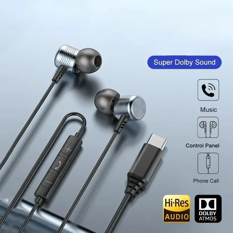 Bedrade in-ear oordopjes met USB-C en 3,5 mm dubbele poort, Dolby Stereo headset met microfoon voor dagelijks gebruik._voghion.com