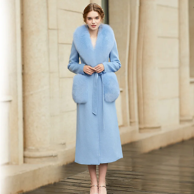 

New 2022 high fashion Women Classic Cashmere Woolen Coat with Tassel Real Fox Fur Collar Elegant long trench fur coats