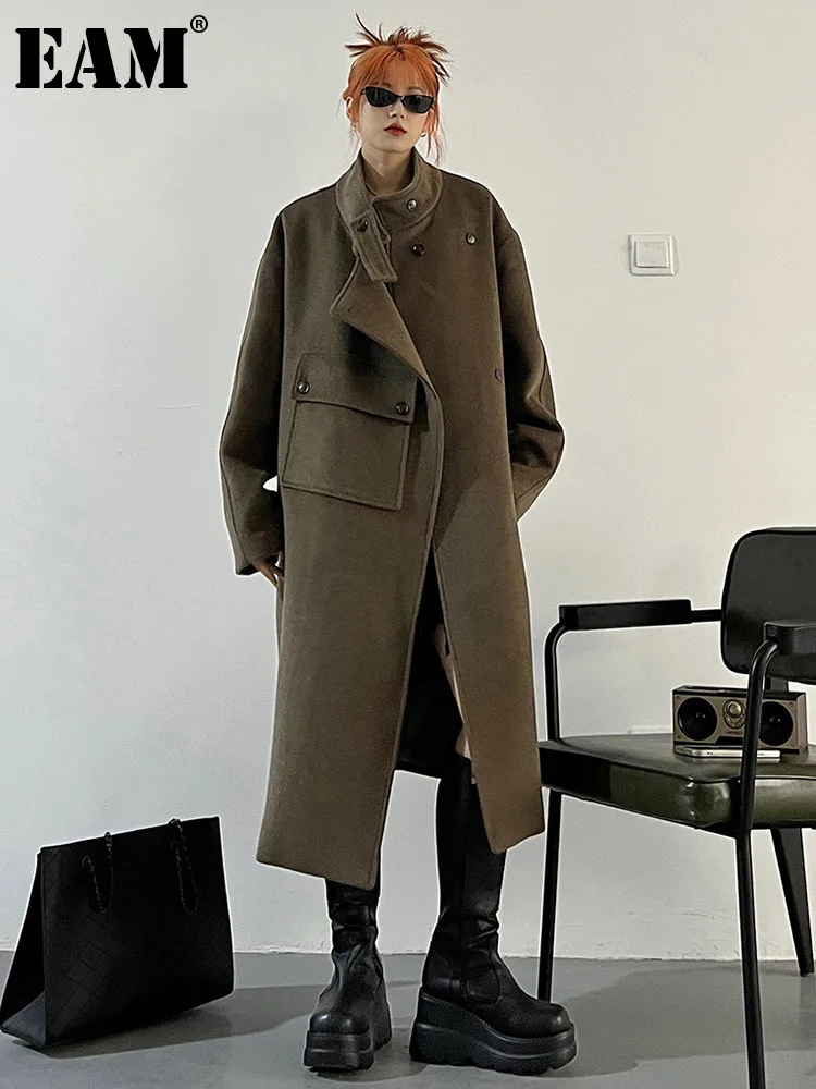 

[EAM] Loose Fit Brown Big Size Long Warm Thick Woolen Coat Parkas New Long Sleeve Women Fashion Tide Autumn Winter 2024 1DF3304