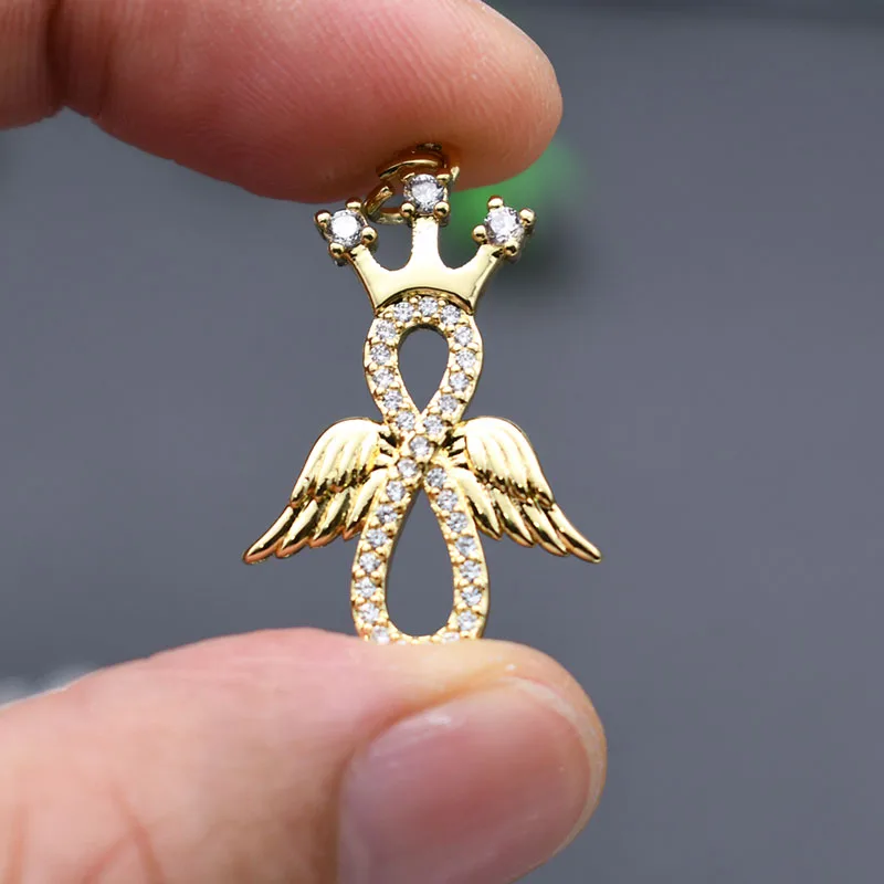 

High Quality Anti Fading Rhodium Gold Plating Metal CZ Paved Angel Wing Crown Pendant Charms forWomen Necklace Making