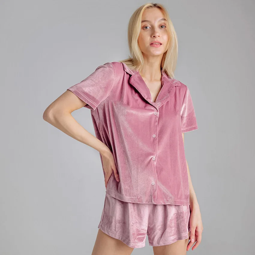 

Lapel Short Sleeves Sleep Suit Pajamas Sets Shirt Shorts Nightwear 2Pcs Homewear Loungewear Velvet Nightwear Loose Sleepwear