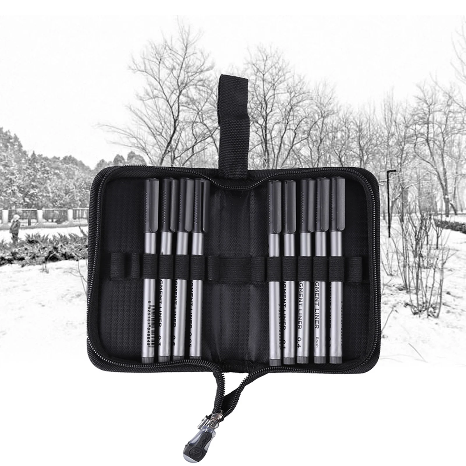 【New】9PCS Pigment Liners Set Waterproof Fine Line Drawing Pen Sketching Art Brush with Pen Bag