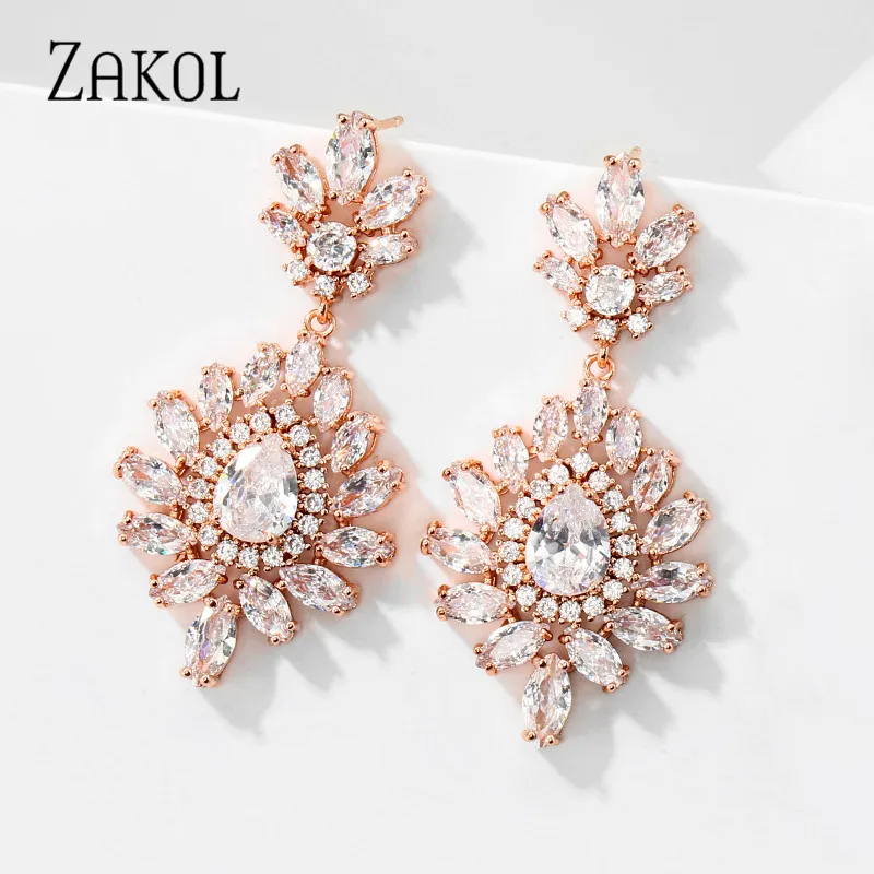 

ZAKOL Luxury Rose Gold Color Crystal Leaf Drop Earrings for Wome Shinny Cubic Zirconia Bridal Wedding Jewelry