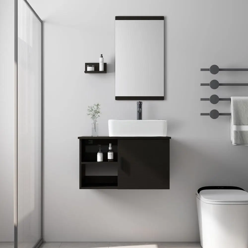 28" Floating Bathroom Vanity Cabinet with Two-Tiers Shelves Black Line Sink Kit Wall-Mounted Rectangle Ceramic Faucet Included 2
