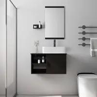 28" Floating Bathroom Vanity Cabinet with Two-Tiers Shelves Black Line Sink Kit Wall-Mounted Rectangle Ceramic Faucet Included 2
