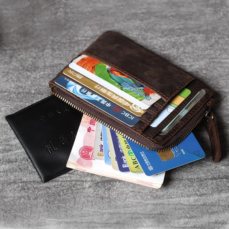 Vintage crazy horse cowhide men multi-card small coin purse simple natural genuine leather women ID driver's license wallet