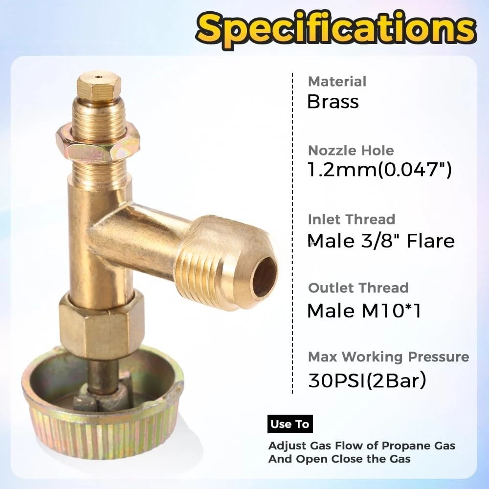 Brass Propane Gas Control Valve 3/8" Male Flare Thread M10X1 Metric Thread for Camping Stove DIY Easy Grill