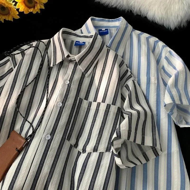 

High Quality Striped Polo Shirt for Men Classic Handsome Summer Blouse 3XL Oversized Short Sleeve Lapel Tops Hip Hop Casual Coat