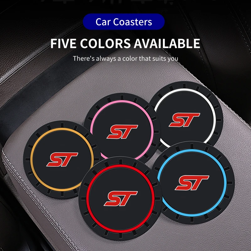 Car Coasters Non-Slip Waterproof Cup Pad For Ford ST Racing RS S Kuga Fiesta Fusion Mondeo Edge Focus 2PCS