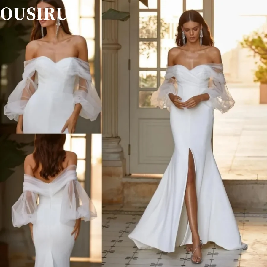 

Wedding Dresses Front Split Off The Shoulder Neck Long Sleeves Sweep Train Stunning Beach Sexy Mermaid Bohemian Bridal Gowns