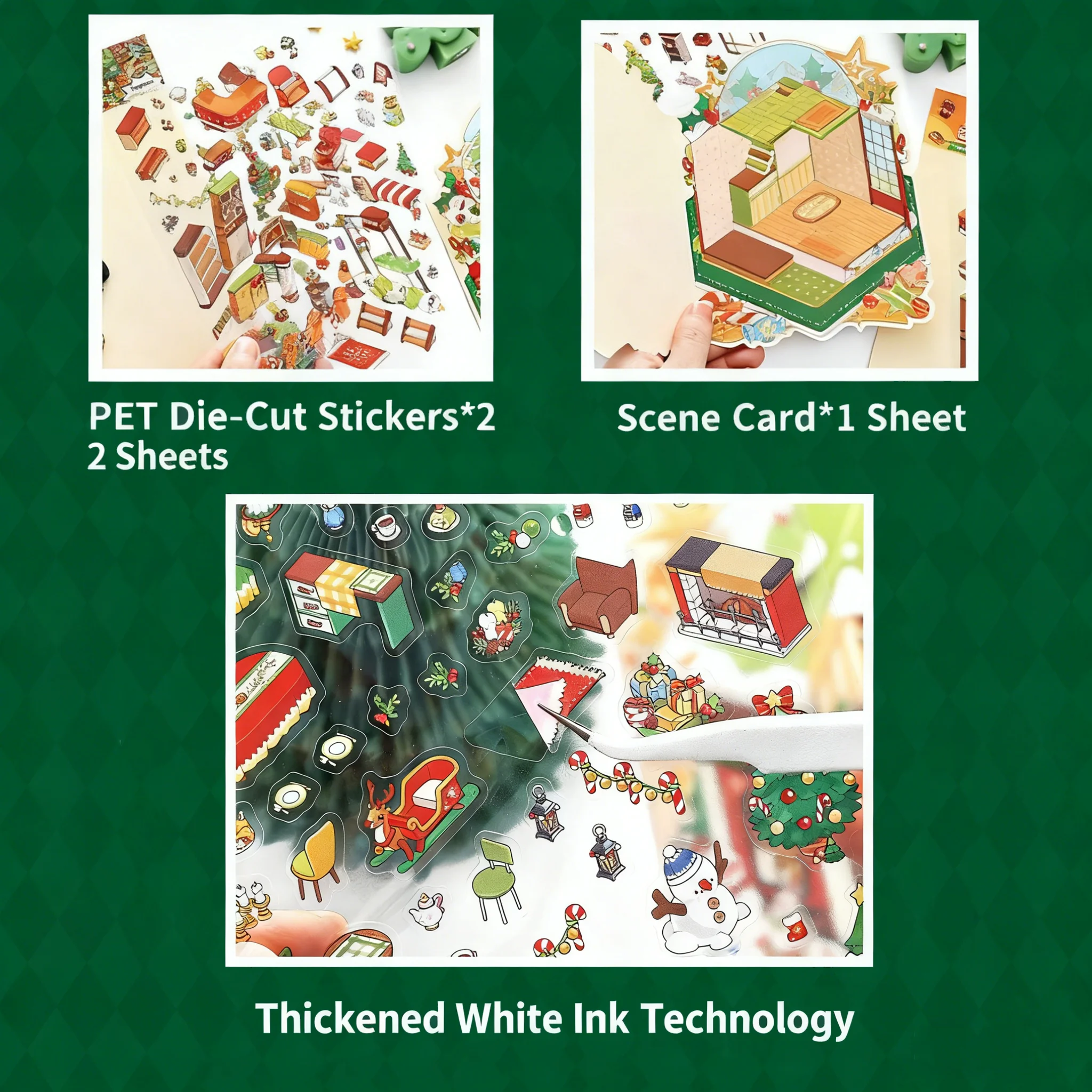 Christmas Miniature Scene 3D Stickers-Easy-Tear Cute Cartoon House Series DIY Craft Stacking 3D Layered Scrapbook Holiday Gift