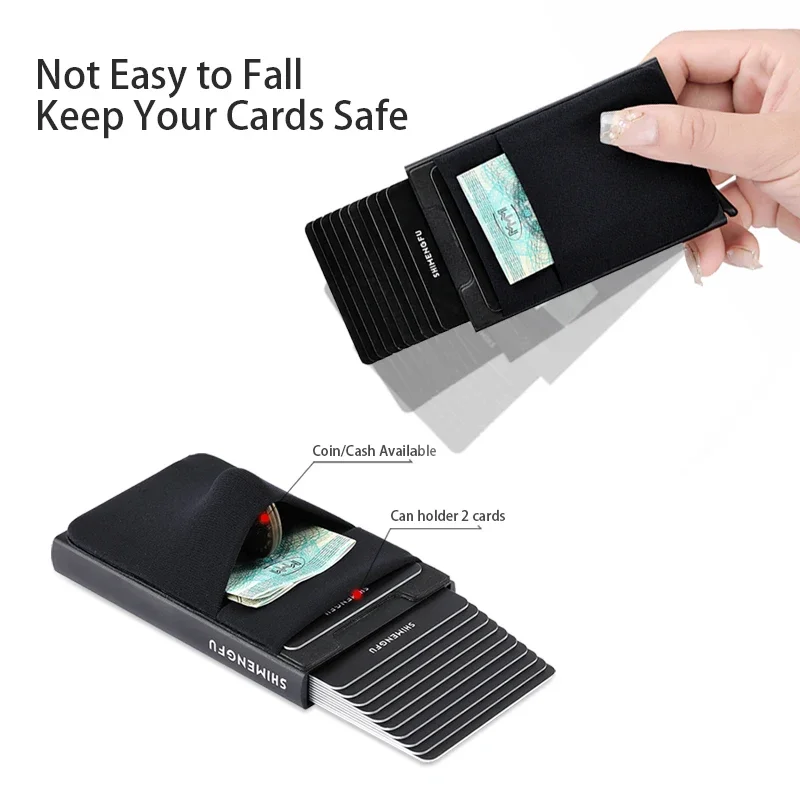 Slim RFID Blocking Metal Wallet with Automatic Pop-up Card Case and Elastic Back Pouch