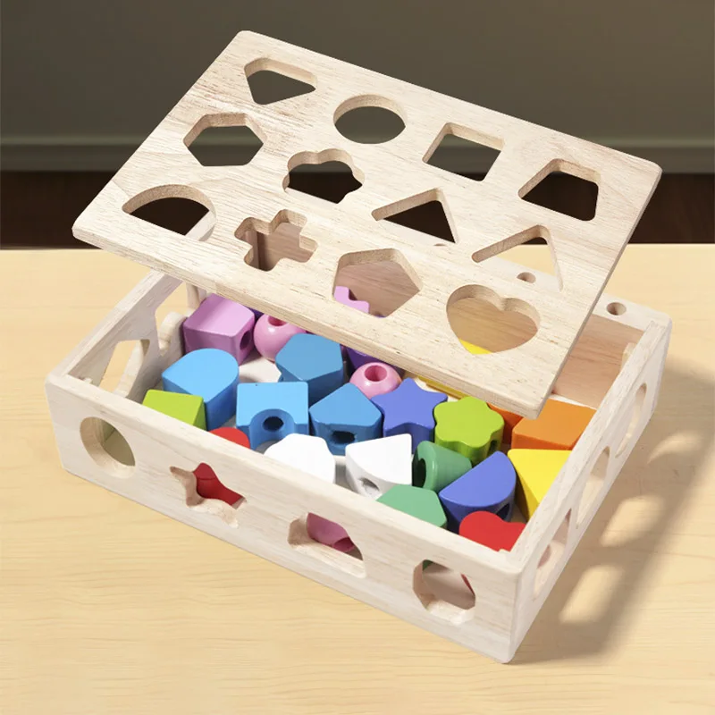 Montessori Wooden Toys Color Shape Matching Puzzle Game Box Colorful Beaded Color Cognition Educational Toys Gift For Children 5
