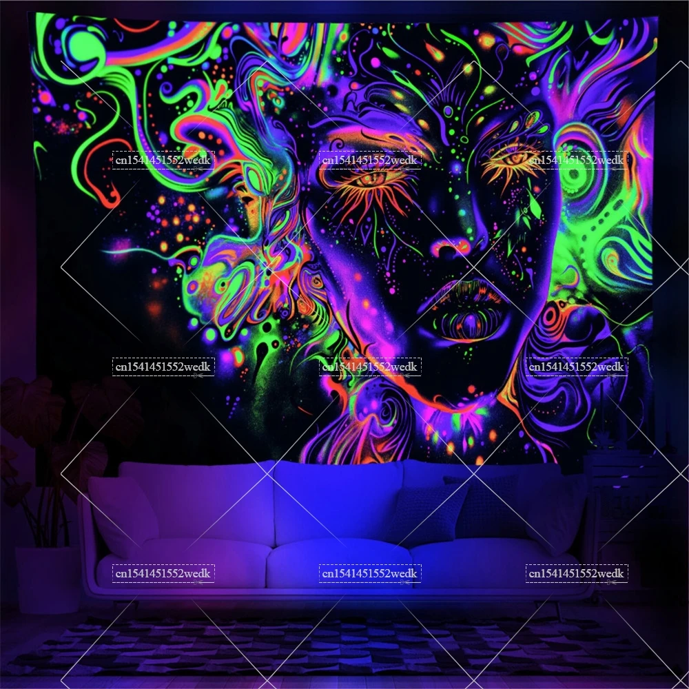 Schönheit Close Up Frauen Schwarzlicht Tapisserie UV Reaktive Buddha Mädchen Glow In The Dark Wandteppiche Ästhetische Zimmer Dekor Neon Hintergründe – Detail 3