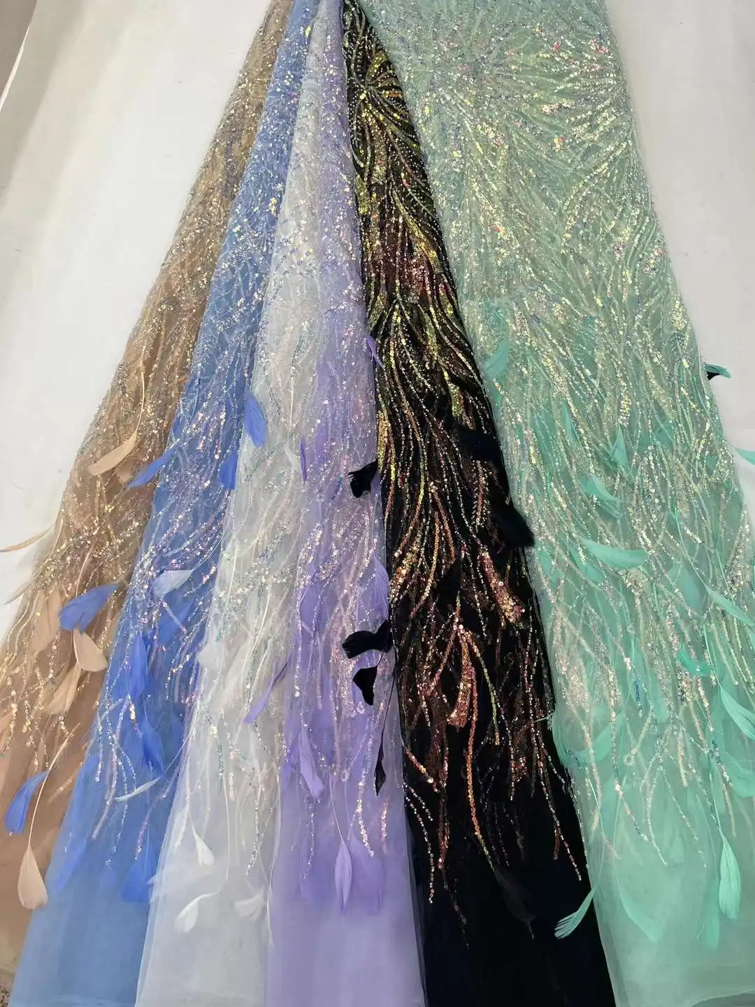 African Lace Fabric Sequins Mesh Lace France 3D Feather Embroidered Tulle Fabric For Asoebi Sewing