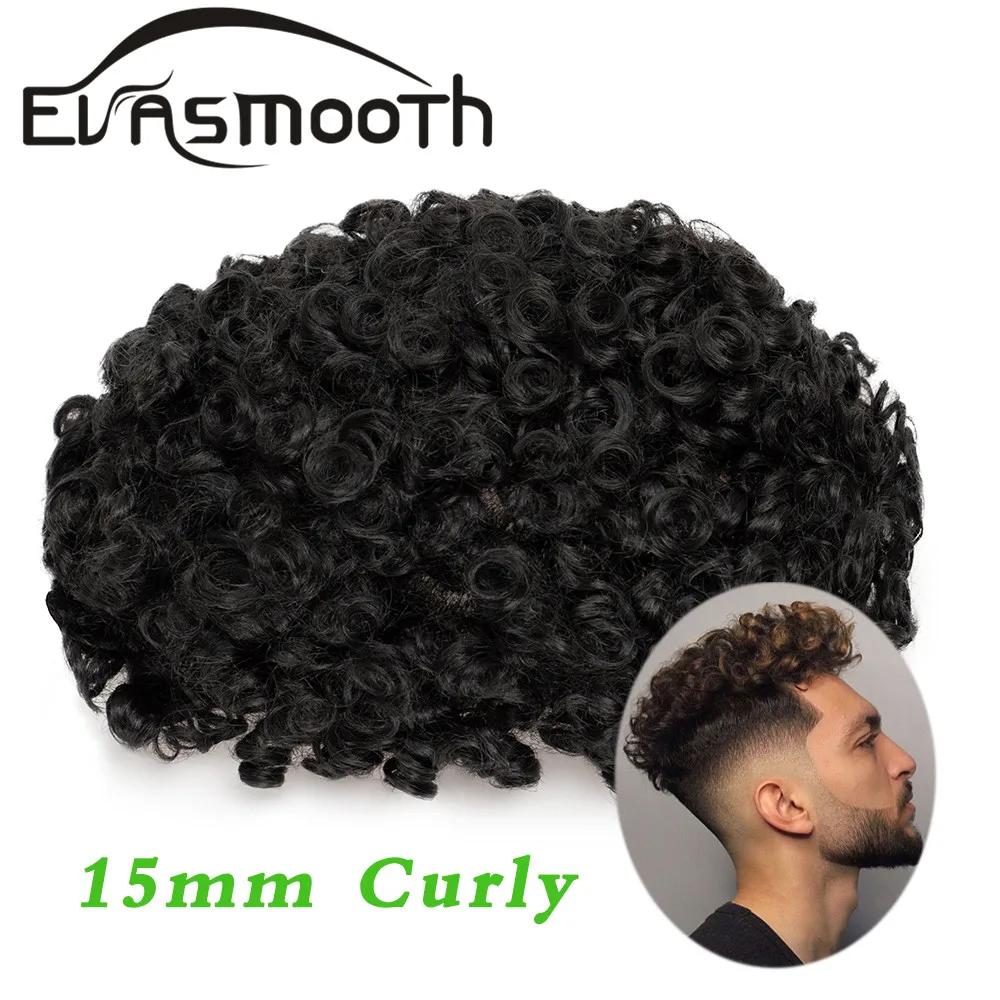 Human Hair Toupee Afro 15mm Curly Hair Men Wig 100% Human Hair Hairpiece Pu Base Men Toupee Replacement System Unit Men's Human Prosthesis human hair toupee