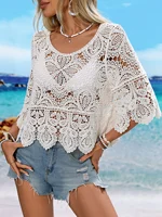 Women's Spring Summer Knitted round Neck Pullover Medium Sleeve Crocheted Fashionable Comfortable Top 1