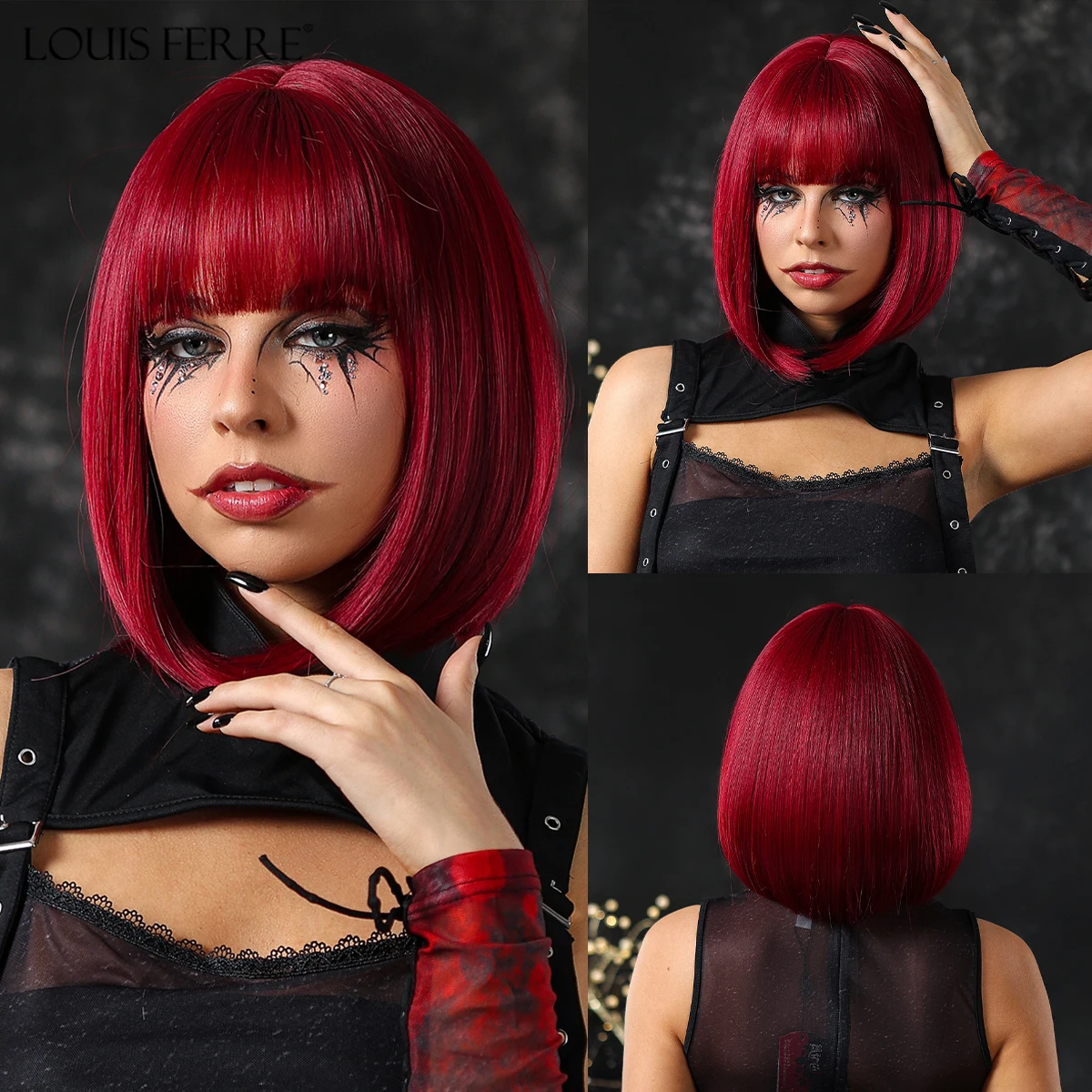 

LOUIS FERRE Short Straight Red Cosplay Hair Synthetic Wigs With Bangs for Women Natural Hair for Daily Use Halloween Fiber Wigs