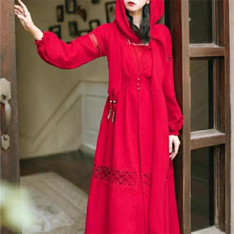 

Tourist Tour Photography Red Dress Big Swing Long Dress Holiday Red Dress Clothing Tradition Harajuku White Red With Scarf Skirt