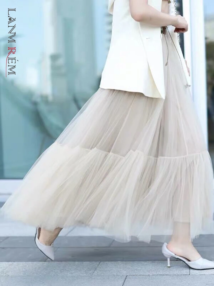 Solid Color Layered Mesh Skirts for Women Stretchy High Waist Pleated Midi  Skirt Autumn Flowy Casual A-Line Skirts