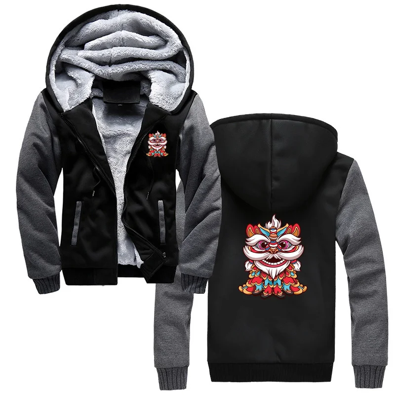 

Chinese Lion Hoodie Men Winter Thick Keep Warm Sweatshirts Zipper Jacket Coat Streetwear