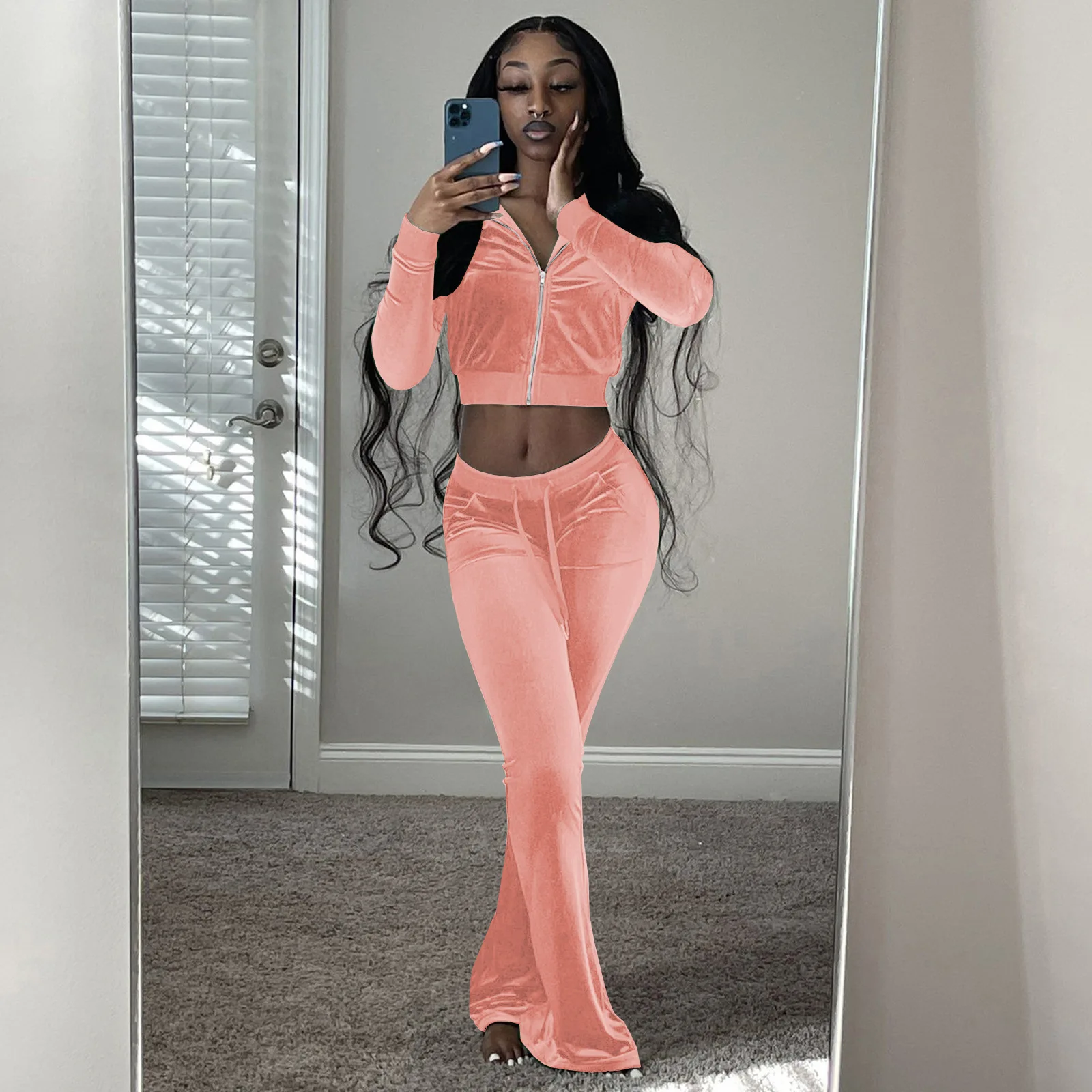 2023 New Autumn/Winter Fashion Women's South Korean Velvet Solid Long Sleeve Open Umbilical Flare Pants Casual Sports Set
